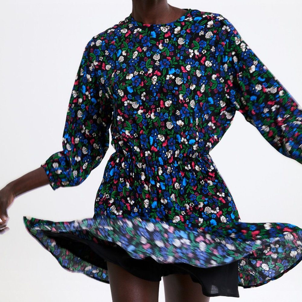 NEW Zara long sleeve blue floral dress
